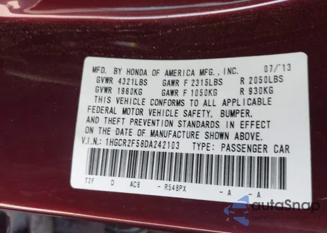 2013 Honda Accord Sport from USA, damaged, VIN 1HGCR2F58DA242103
